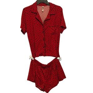 French Affair Valentines Day Pajama Set Pjs Red Black Hearts Shorts Womens Large